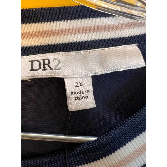 DR2 Ringer Blouse Top Womens 2X Plus Indigo Blue Short Sleeve Zip Crew Neck NWT - Picture 2 of 7